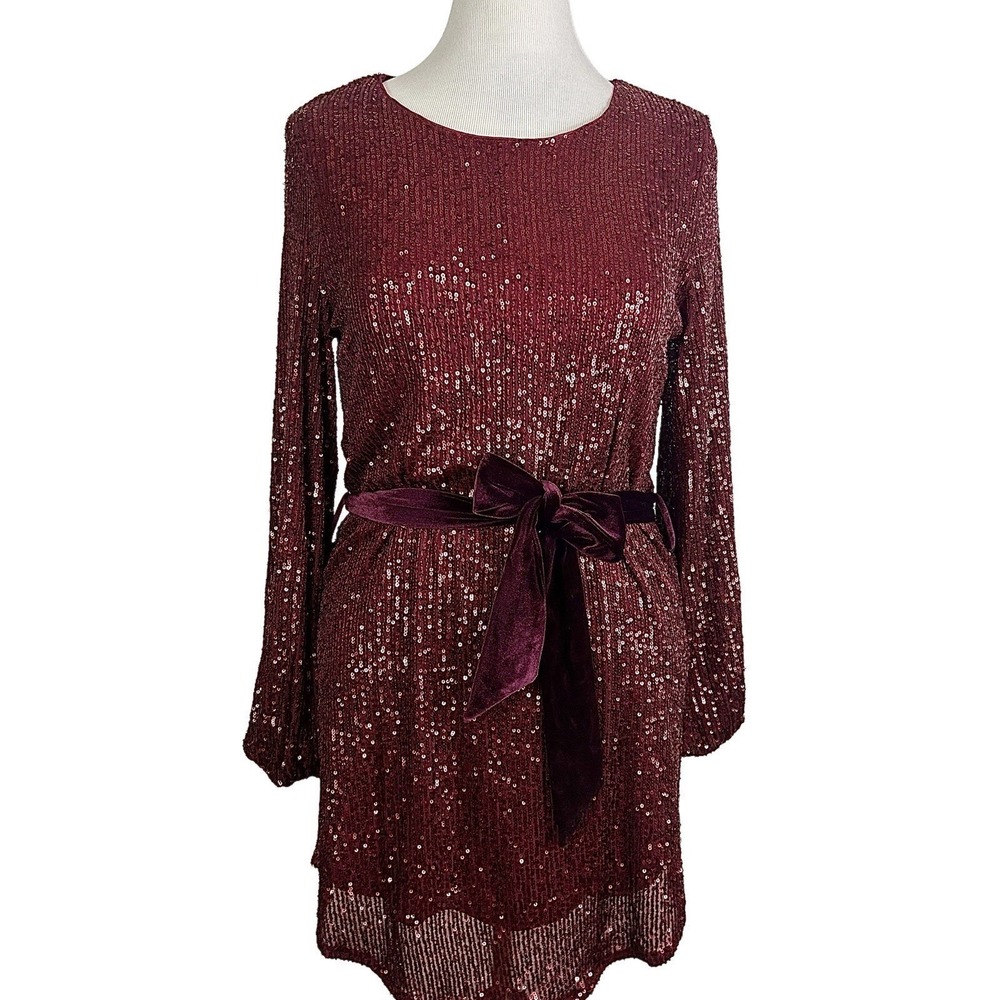 DRESS FORUM Solid Sequin Red Mini DRESS New L Maroon Coquette Bow Party Glam